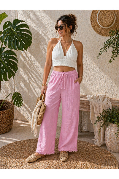 Myzen Women's Muslin Elastic Waist Lace-Up Wide Leg Tassel Trousers