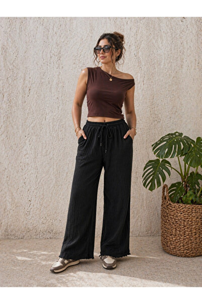 Myzen Women's Muslin Elastic Waist Lace-Up Wide Leg Tassel Trousers