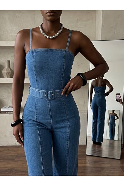 LOKADI Γυναικεία Μπλε Ψηλόμεση Φαρδιά Τζιν Ολόσωμη Φόρμα - Με λεπτές τιράντες...