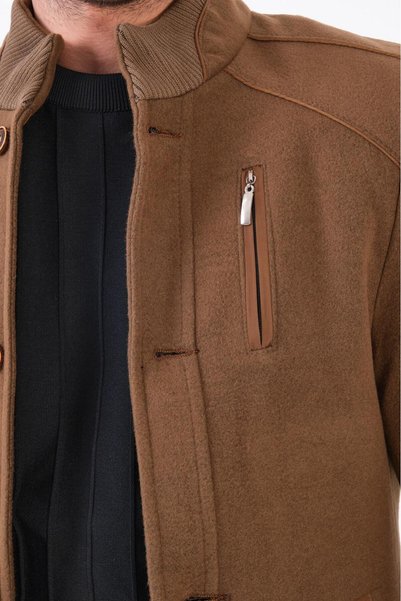 RUVEN TEKSTİL Ezel Stand-Up Collar Chest Zipper Slim Fit Men's Cashmere Coat19-12