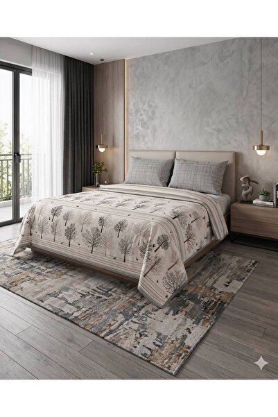 ŞENER HOME Σετ σεντόνια με σχέδιο Δέντρο της Ζωής, ελαστικά, διπλά, πικέ - Γκρι