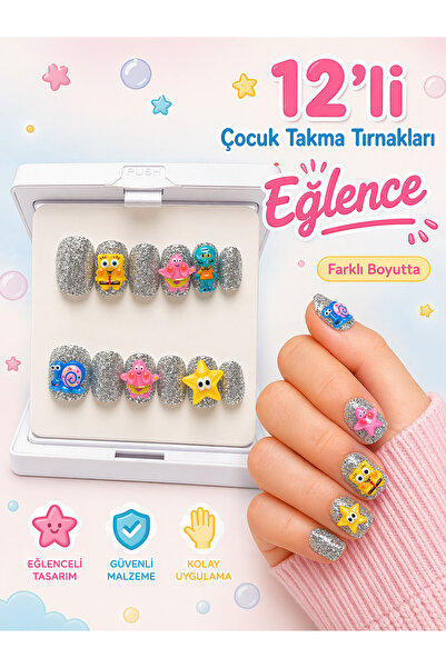 SEVRU Çocuk Takma Tırnak, Yeni Desenli 12'li Renkli Çocuk Takma Tırnağı & 24'...