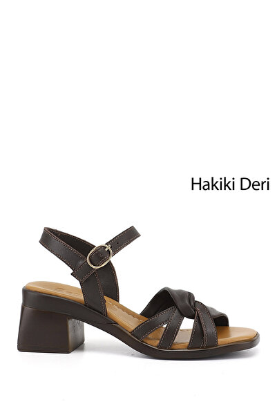 GÖNDERİ(R) Γυναικεία καφέ αντίκα σανδάλια από γνήσιο δέρμα με χοντρό τακούνι ...