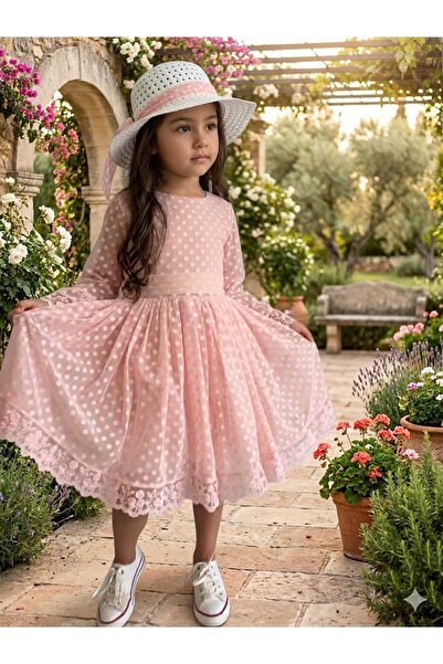 RUMİ KİDS Şapkalı Güpürlü Prenses Kız Çocuk Elbise dantelli Somon Rengi