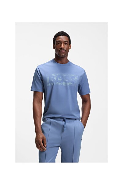 BOSS Erkek Baskı Desen Kısa Kol Bisiklet Yaka Normal Kesim Mavi T-Shirt