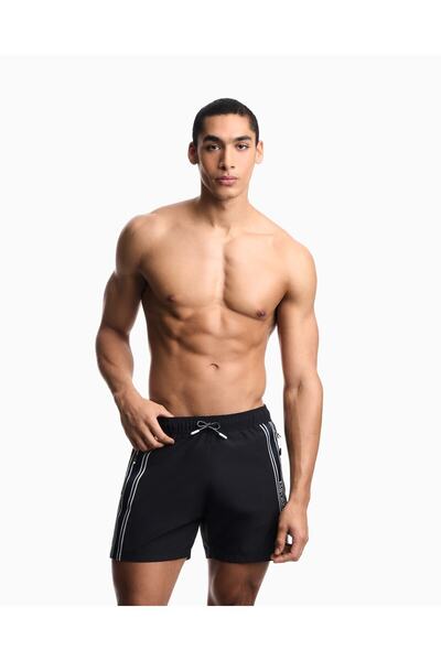 Emporio Armani Erkek Lastikli Bağcıklı Bel Cep Kenarı Yazı Desen Siyah Deniz ...