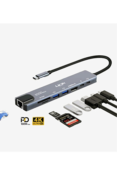 Linktech A205 Premium 8’li 1 İnternet Kartı (RJ45), HDMI, Type-C Çoklu Bağlan...