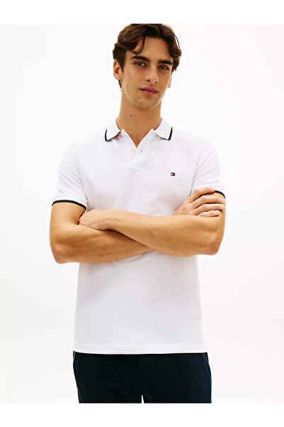 Tommy Hilfiger Erkek Düğme Kapama Kısa Kol %100 Pamuk Beyaz Polo Yaka T-Shirt