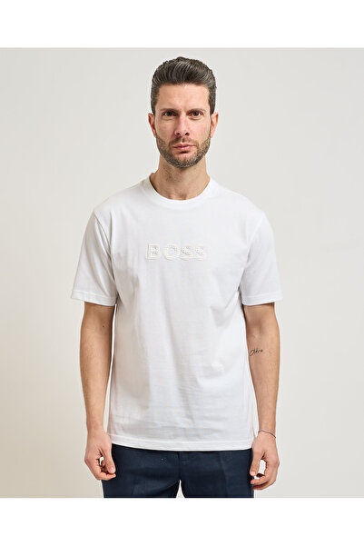 BOSS Erkek Pamuklu Bisiklet Yaka Kısa Kollu Beyaz T-Shirt