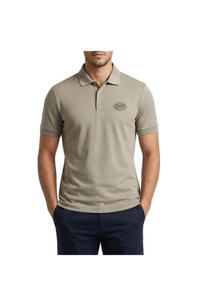 EA7 Erkek Slim Fit Logo Desenli Havalandırma Sağlayan Teknik Kumaş Kısa Kollu Bej Polo Yaka T-Shirt