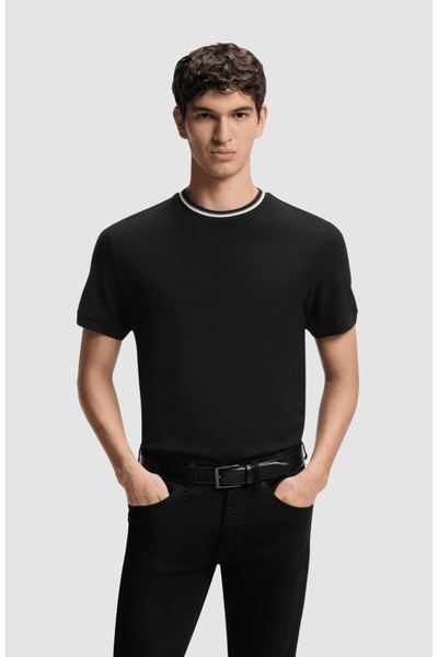 BOSS Erkek %100 Pamuklu Logo Detaylı Bisiklet Yaka Kısa Kollu Siyah T-Shirt