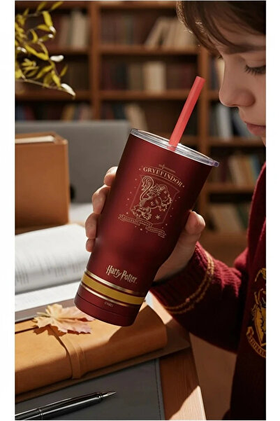 Miniso Harry Potter Lisanslı Gryffindor Pipetli Termos – 580 ml Paslanmaz Çel...
