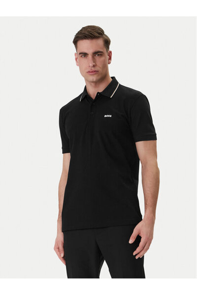 BOSS Erkek Normal Kalıp %100 Pamuklu Logo İşlemeli Kısa Kollu Siyah Polo Yaka...
