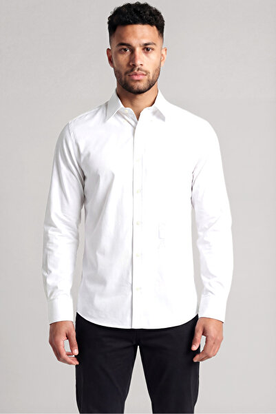 PAUL&SHARK Erkek Slim Fit Beli Logo İşlemeli Pamuklu Uzun Kollu Beyaz Gömlek