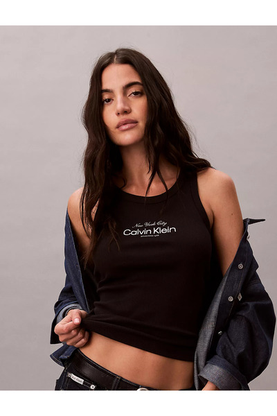Calvin Klein Kadın Slim Fit Logo Desenli Yuvarlak Yakalı Askılı Siyah T-Shirt