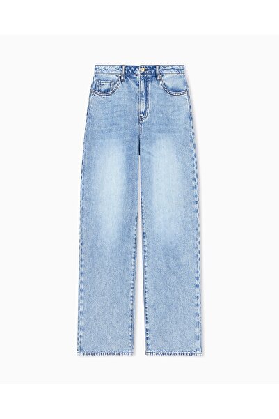Armani Exchange Kadın Denim Yüksek Bel Düğmeli Geniş Paçalı Lacivert Jeans