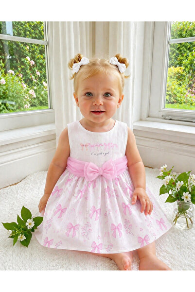 Serkon BABY Βρεφικό φόρεμα για ειδική περίσταση με λευκό ροζ φιόγκο