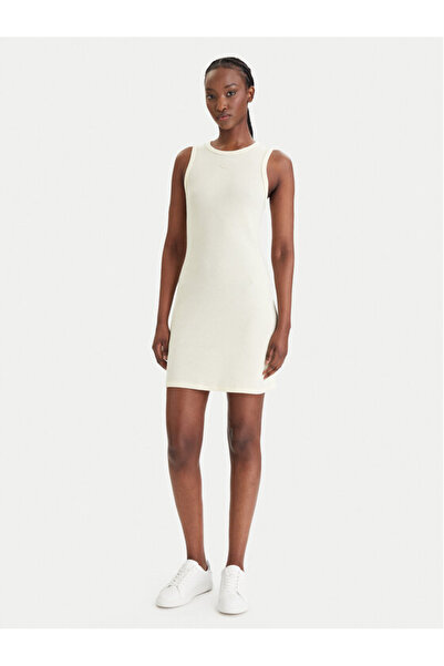 Calvin Klein Women's Slim Fit Cotton Round Neck Sleeveless Mini Cream Dress