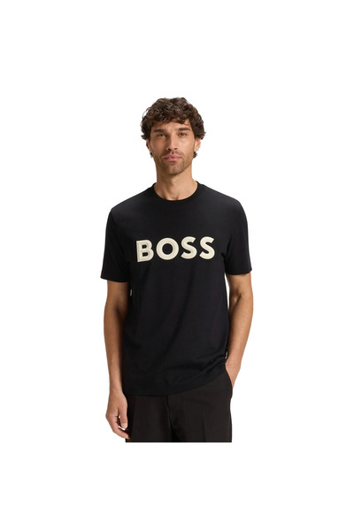 BOSS Erkek %100 Pamuklu Yuvarlak Ribana Yakalı Logo Baskılı Kısa Kollu Siyah ...
