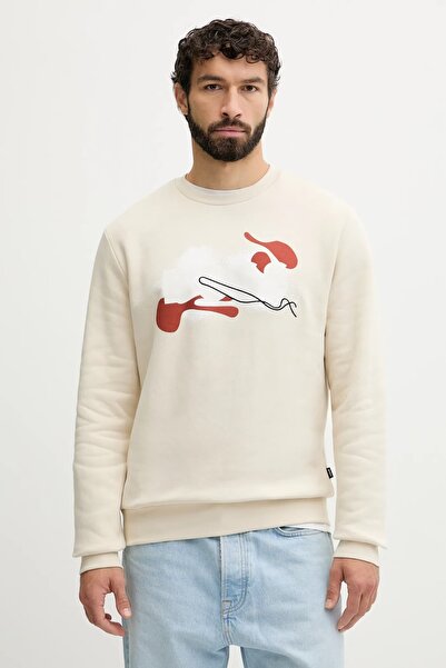 BOSS Erkek Normal Kalıp Logo Baskılı Yuvarlak Yakalı Uzun Kollu Ekru Sweatshirt