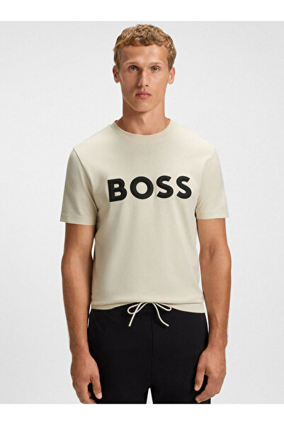 BOSS Erkek %100 Pamuklu Yuvarlak Ribana Yakalı Logo Baskılı Kısa Kollu Bej T-...