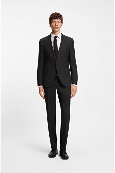 BOSS Erkek Normal Kesim Çentikli Yaka Yün İçerikli Tamamen Astarlı Siyah Alt-...