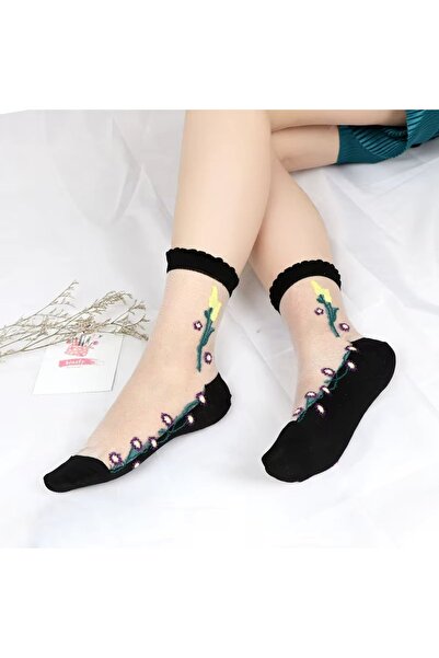 delis Sosete pentru dama, SS0144, model flori, Alb/Negru, marime universala