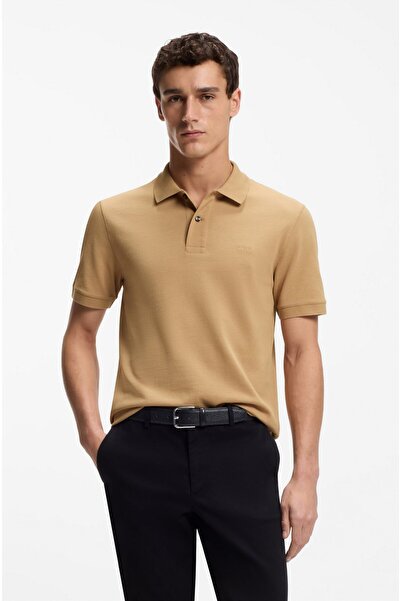 BOSS Erkek Normal Kalıp Logo İşlemeli Kısa Kollu Bej Polo Yaka T-Shirt