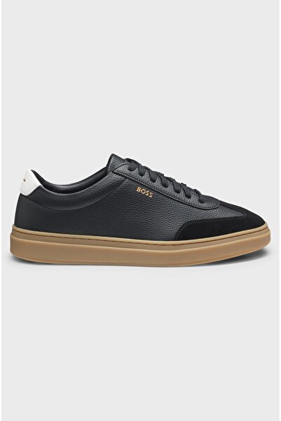 BOSS Erkek Düz Taban Deri Rahat Yuvarlak Burun Bağlamalı Antrasit Sneaker