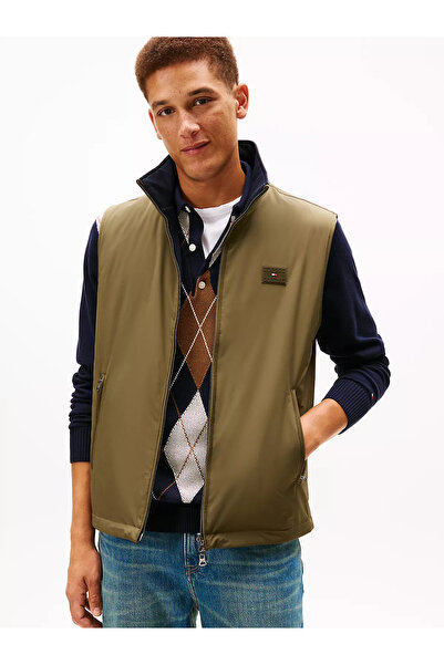 Tommy Hilfiger Erkek Regular Fit Dik Yaka Fermuarlı Logo Etiketli Haki Yelek