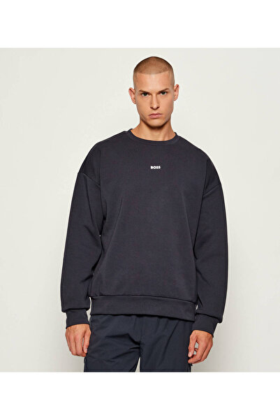 BOSS Erkek Rahat Kalıp Pamuklu Yuvarlak Yakalı Uzun Kollu Lacivert Sweatshirt