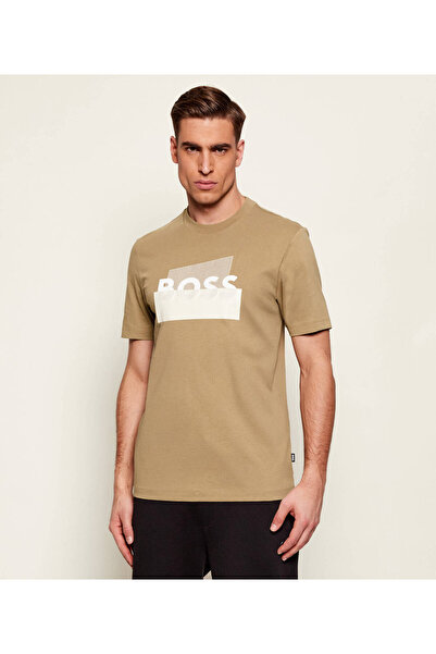 BOSS Erkek Regular Fit %100 Pamuklu Logo Baskılı Kısa Kollu Bej T-Shirt