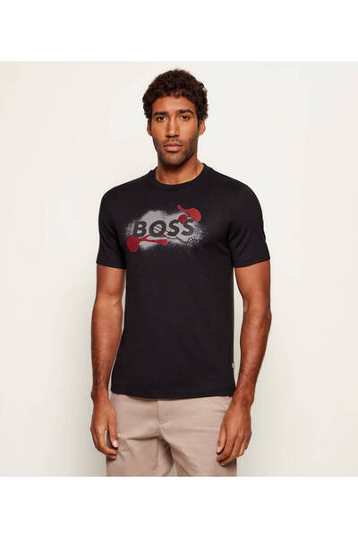 BOSS Erkek Rahat Kalıp Yuvarlak Yakalı Pamuklu Baskılı Kısa Kollu Siyah T-Shirt