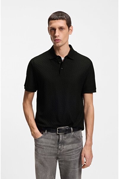 BOSS Erkek Regular Fit Monogram Logolu %100 Pamuklu Kısa Kollu Siyah Polo Yak...