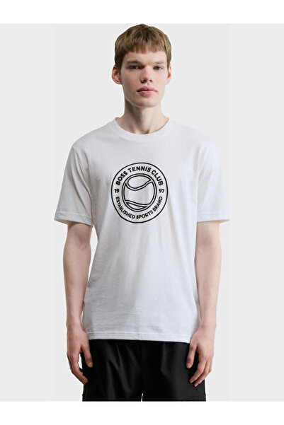BOSS Erkek Normal Kalıp Yuvarlak Yakalı Baskılı Kısa Kollu Beyaz T-Shirt