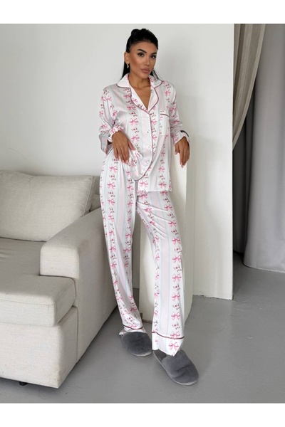 delis Women's two-piece pajama set, with buttons – 2500343, White/Pink