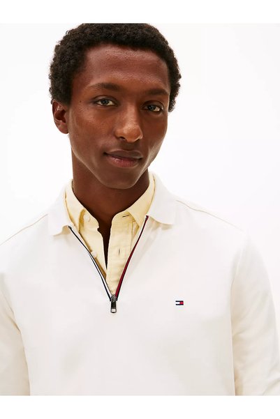 Tommy Hilfiger Erkek Regular Fit Pamuklu Yarım Fermuarlı Uzun Kollu Beyaz Polo Yaka T-Shirt