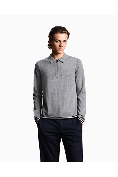 Emporio Armani Men's Cotton Polo Collar Zipper Closure Long Sleeve Gray Sweater