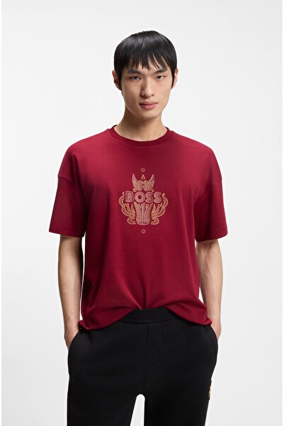 BOSS Erkek İşlemeli Logo Tasarımlı %100 Pamuklu Kısa Kollu Kırmızı T-Shirt