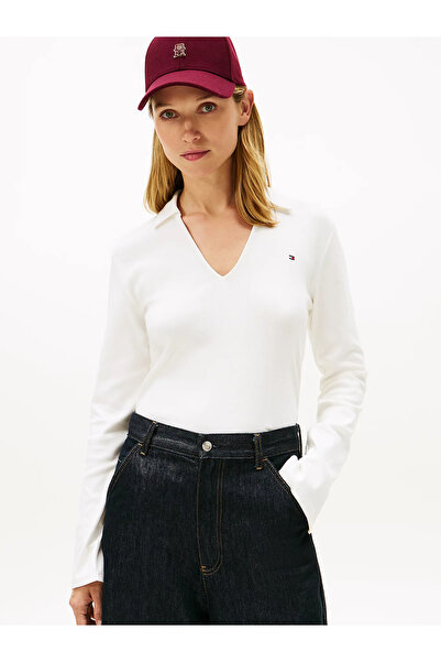 Tommy Hilfiger Kadın Marka Logolu Polo Yakalı Beyaz Polo Yaka T-Shirt