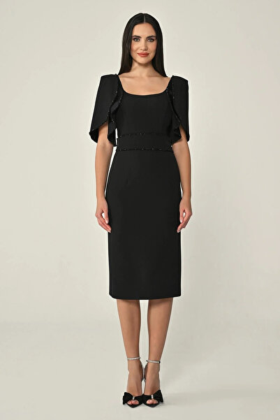 ALFABETA Women's Regular Fit Belted Sleeves Molded Detail Midi Black Evening ...