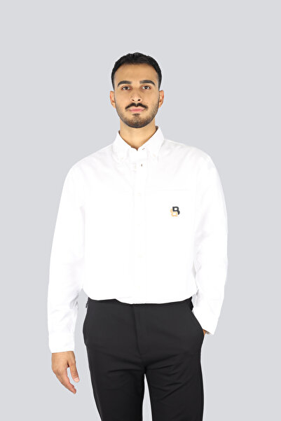 BOSS Erkek %100 Pamuklu Logo Desenli Uzun Kollu Beyaz Gömlek