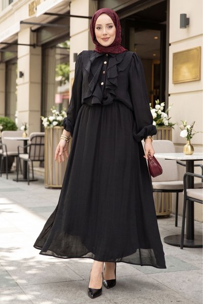 HTN Hijab Suit with Ruffle Detail on the Front and Skirt, Black