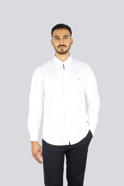 PAUL&SHARK Erkek Regular Fit %100 Pamuklu Shark Logolu Uzun Kollu Beyaz Gömlek