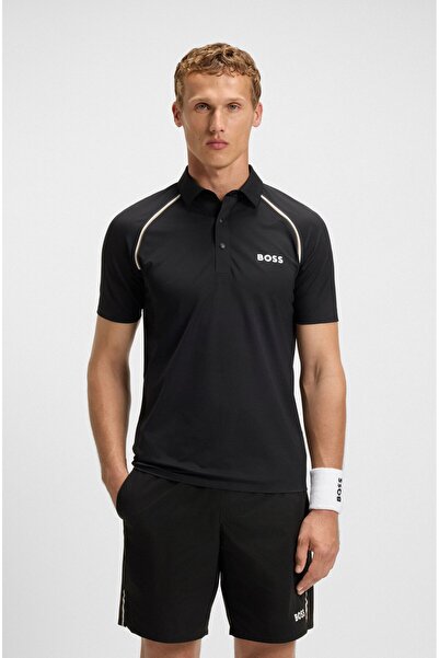 BOSS Erkek Dar Kalıp Marka İmza Çizgili Siyah Polo Yaka T-Shirt