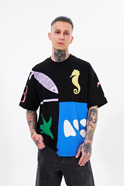 Machinist Tricou oversize pentru bărbați cu imprimeu Sea Shells 87, negru-alb...