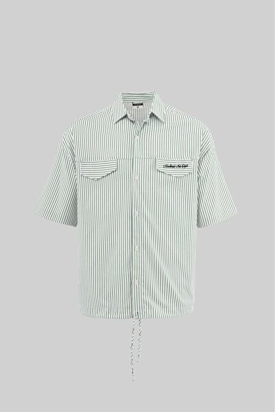 Machinist Ανδρικό πουκάμισο με σούρες στο τελείωμα, πράσινο ριγέ