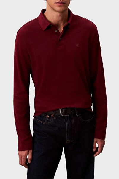 Calvin Klein Erkek Normal Kalıp %100 Pamuklu Uzun Kollu Bordo Polo Yaka T-Shirt