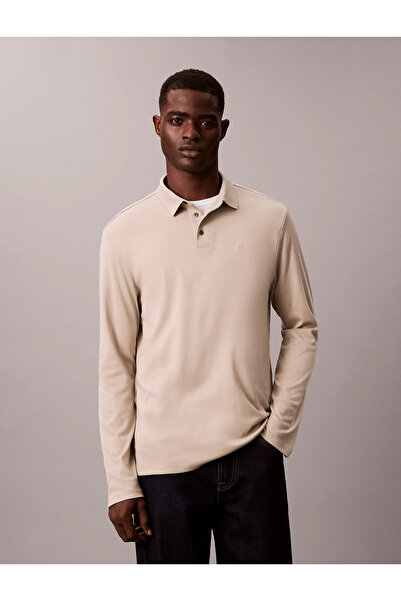 Calvin Klein Men's Regular Fit 100% Cotton Long Sleeve Beige Polo Collar T-Shirt