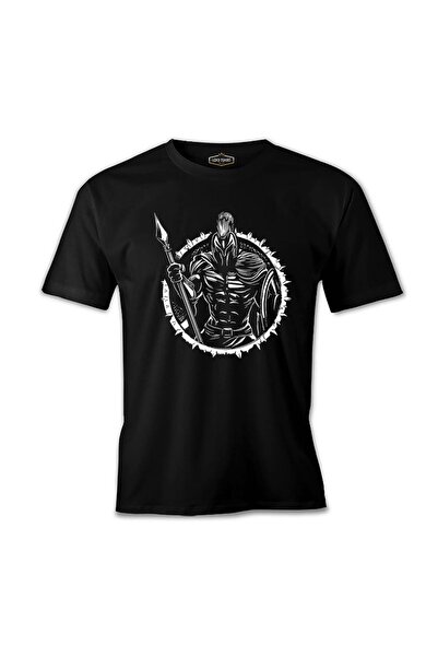 Lord T-Shirt تيشيرت رجالي أسود بتصميم المحارب السبارطي مع الرمح والدرع
